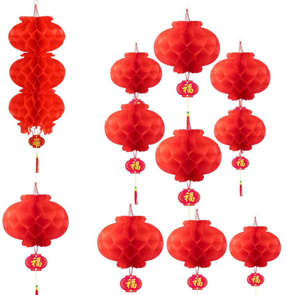 16 Pcs 10inch Plastic Paper Red Lanterns Chinese Lunar New Year Spring Festival