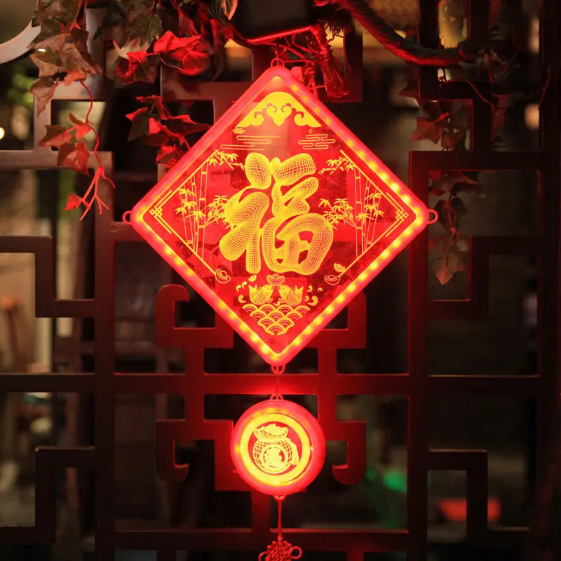 Chinese New Year Red Lantern Plastic Lucky Fu Character LED Light Pendant Battery Powered Hanging Lamp Festival Decor