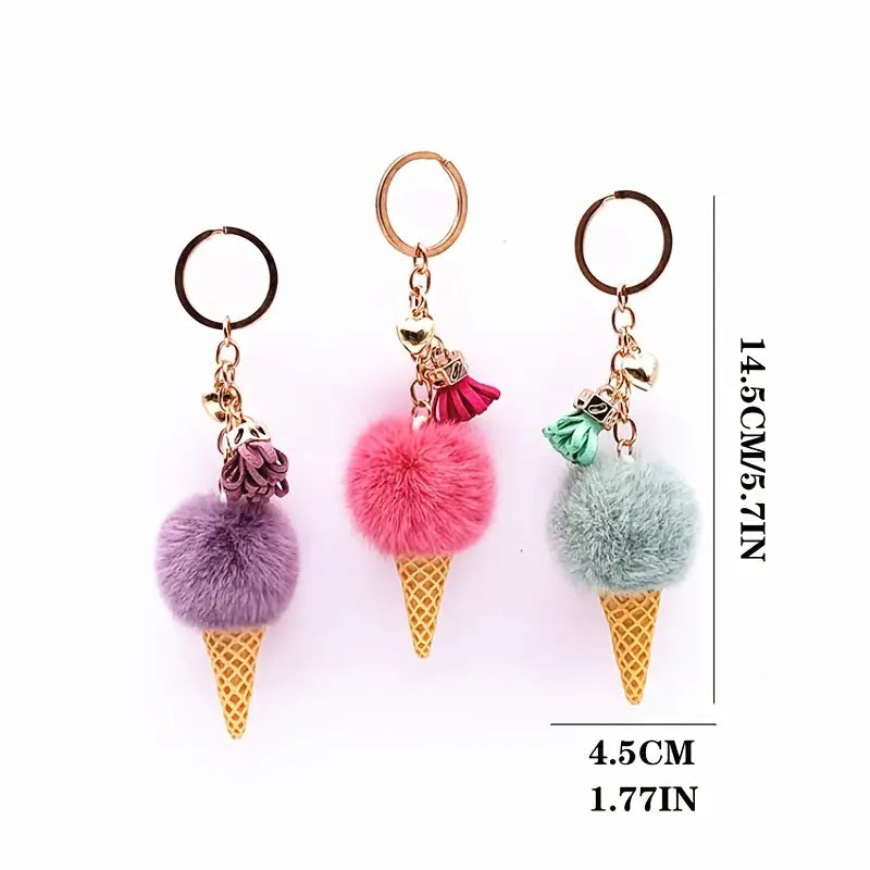 2pcs Keychain Mink Fur Pom Pom Ice Cream Cone Keyring Golden Ring Fluffy Fur Ball For Womens Bag
