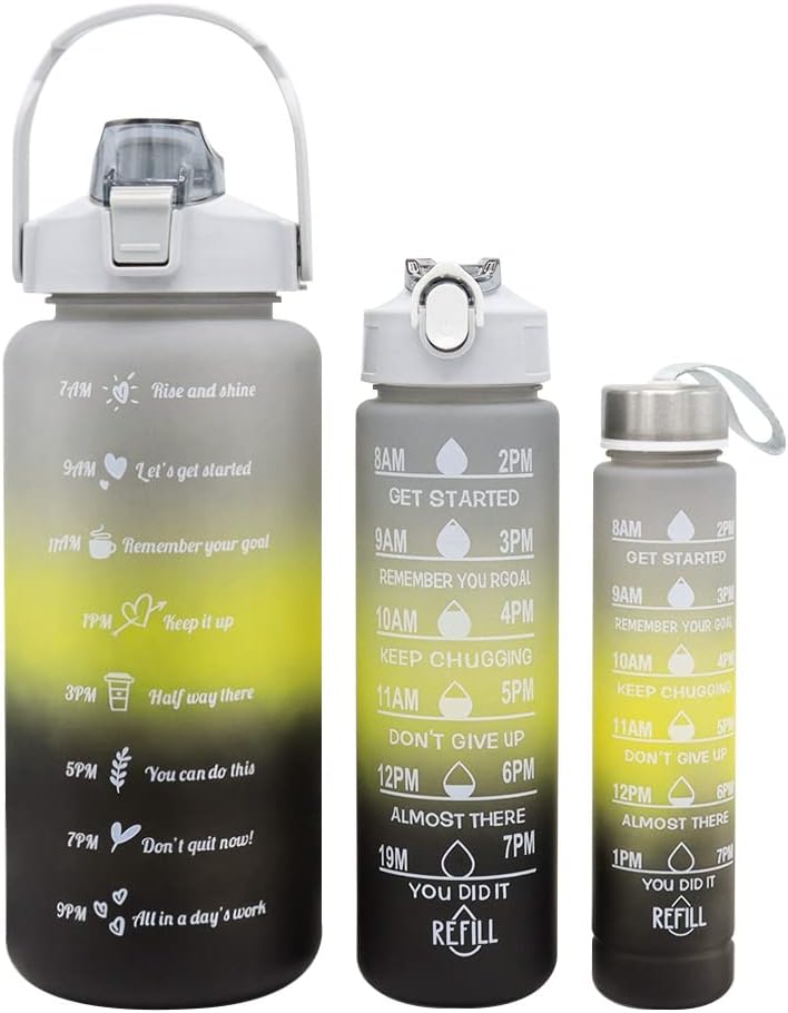 3pack 64OZ 26oz 9oz Water Bottles Set Sports, BPA Free, Leak-proof Inspirational Water Bottle Cups with Drinking Time Straw, Fitness Bottle for Family, Office, Gym Outdoor Travel