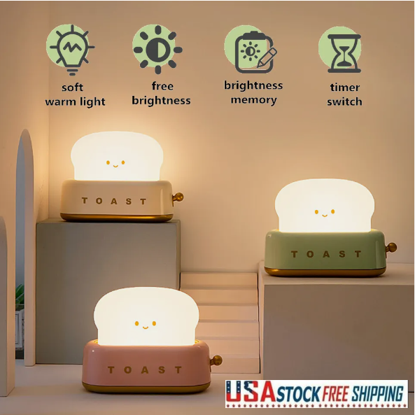 Toaster Lamp, Rechargeable Small Lamp Desk Decor with Smile Face Toast Bread Cute Toaster Shape Room Decor Night Light for Bedroom, Bedside, Living Room, Dining, Desk Decorations, Gift