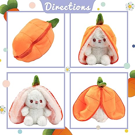 Reversible Carrot Strawberry Floppy Ear Bunny Stuffed Animal With Zipper Adorable Magical Plush Toy Rabbit Soft Squishy Plushie Gift for Kids