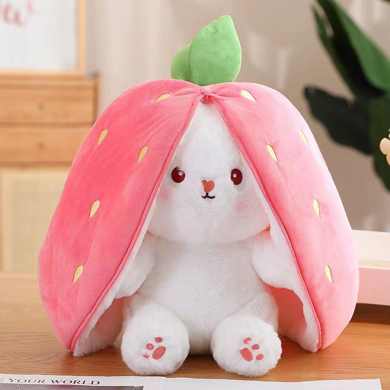 Reversible Carrot Strawberry Floppy Ear Bunny Stuffed Animal With Zipper Adorable Magical Plush Toy Rabbit Soft Squishy Plushie Gift for Kids