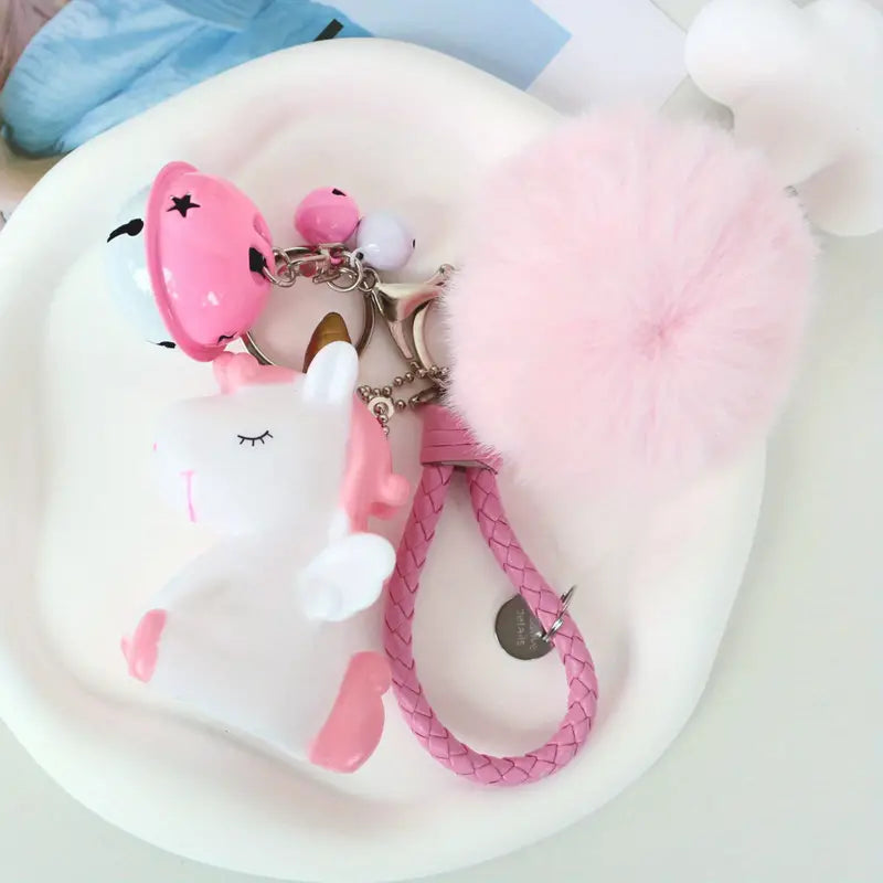 Cute Fur Ball Pom Pom Keychain With Unicorn Bells Keyring For Women's Bag Wallet Car Decoration