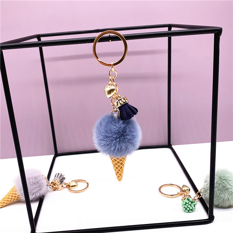 2pcs Keychain Mink Fur Pom Pom Ice Cream Cone Keyring Golden Ring Fluffy Fur Ball For Womens Bag