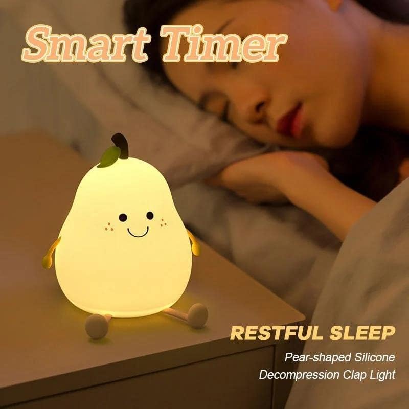 7 Colors Cute LED Pear-Shaped Fruit Night Light, Silicone Decompression Clap Light with Rechargeable Lithium Battery, Colorful Light Color for Children's Rooms Babies Bedside Lamp (Pear)