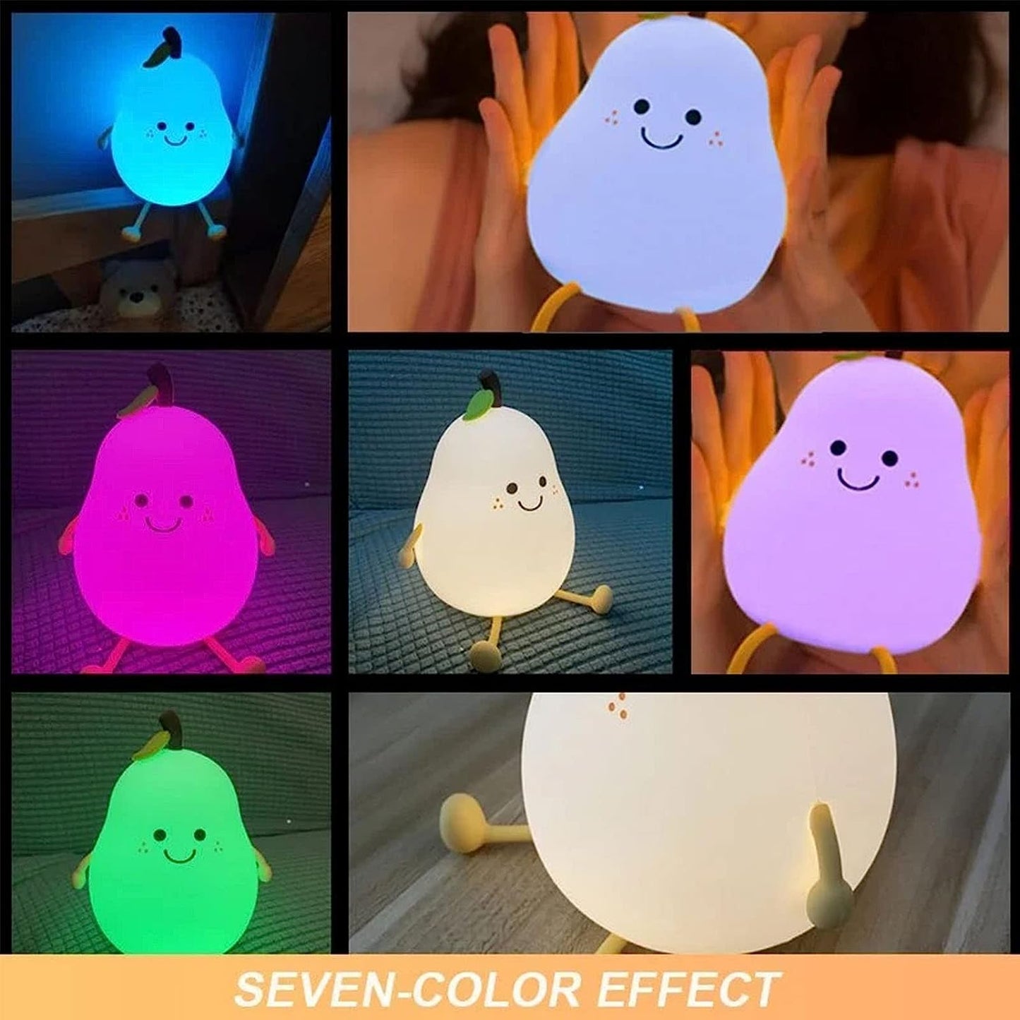 7 Colors Cute LED Pear-Shaped Fruit Night Light, Silicone Decompression Clap Light with Rechargeable Lithium Battery, Colorful Light Color for Children's Rooms Babies Bedside Lamp (Pear)