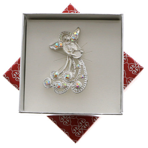 Silver Tone Angel Holding a Harp Pin with Gift Box