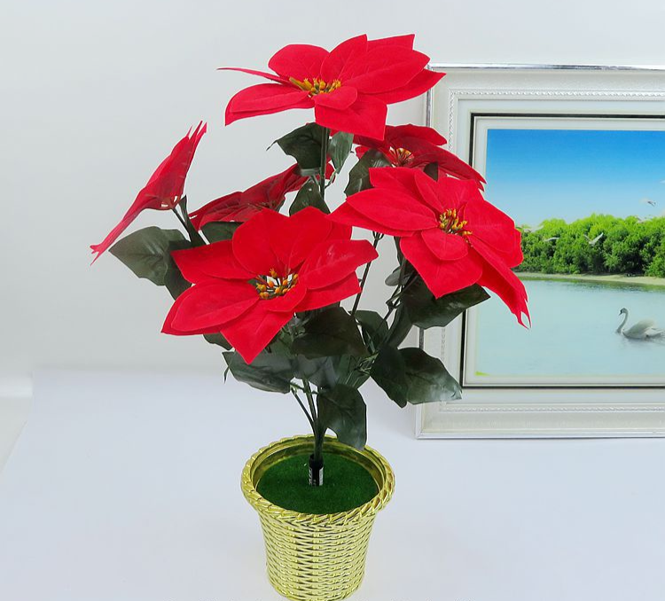 Artificial Red Velvet Christmas Poinsettia Plant with  Pot